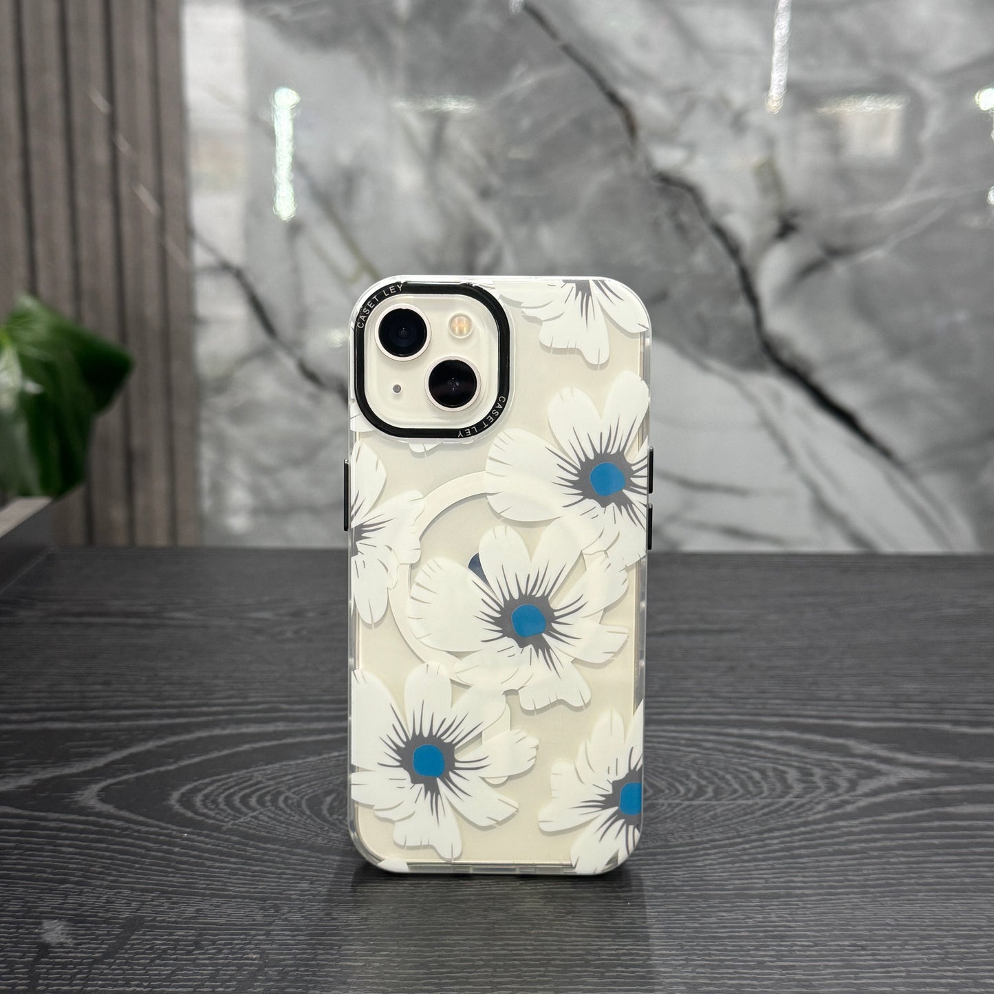 Case MagSafe Flowers Blanco Centro Azul